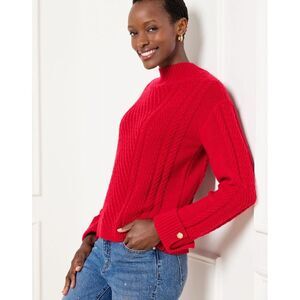 Talbots Sweater Womens XS Red Cable Knit Pullover Gold Button Cuff Mock Neckline